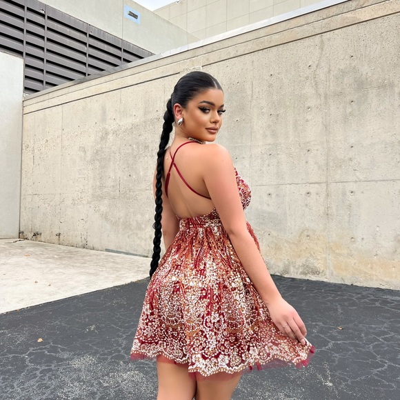Wine Glitter Flare Mini Dress - Picture 5 of 5